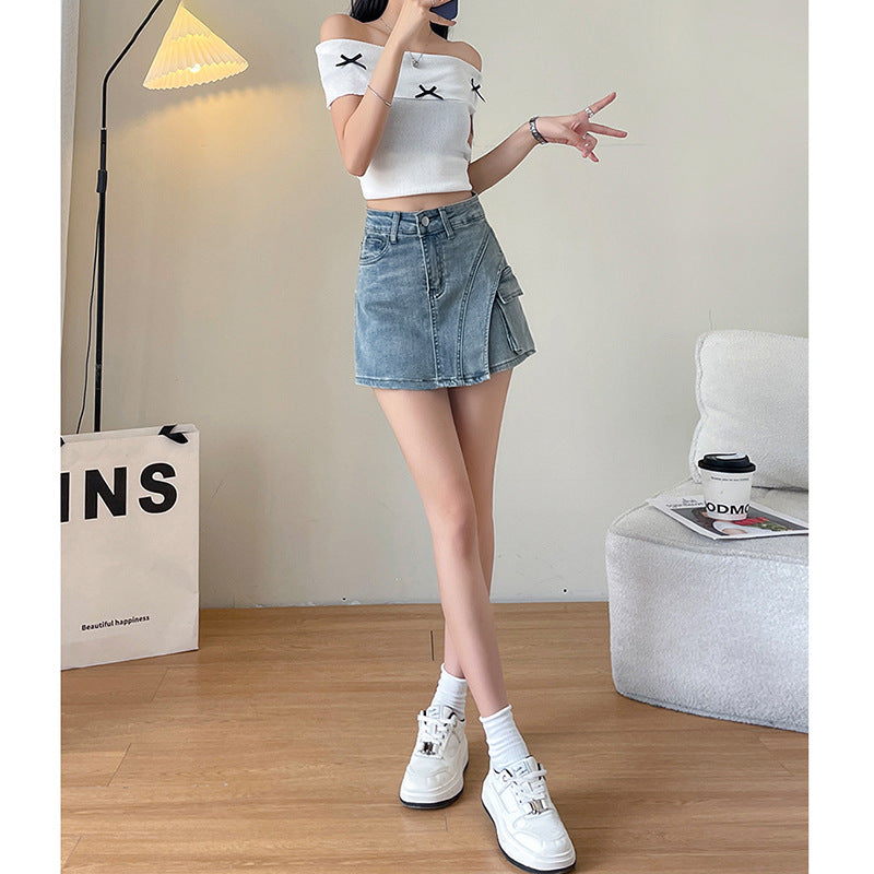 Retro Distressed Figure-flattering Asymmetrical A-line Mini Skirt