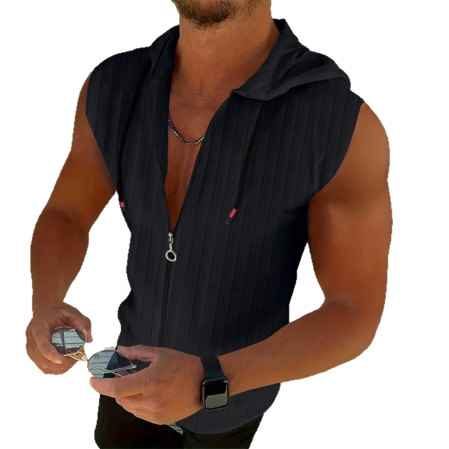 Mens Stylish Sleeveless Hooded Zip-up Cardigan