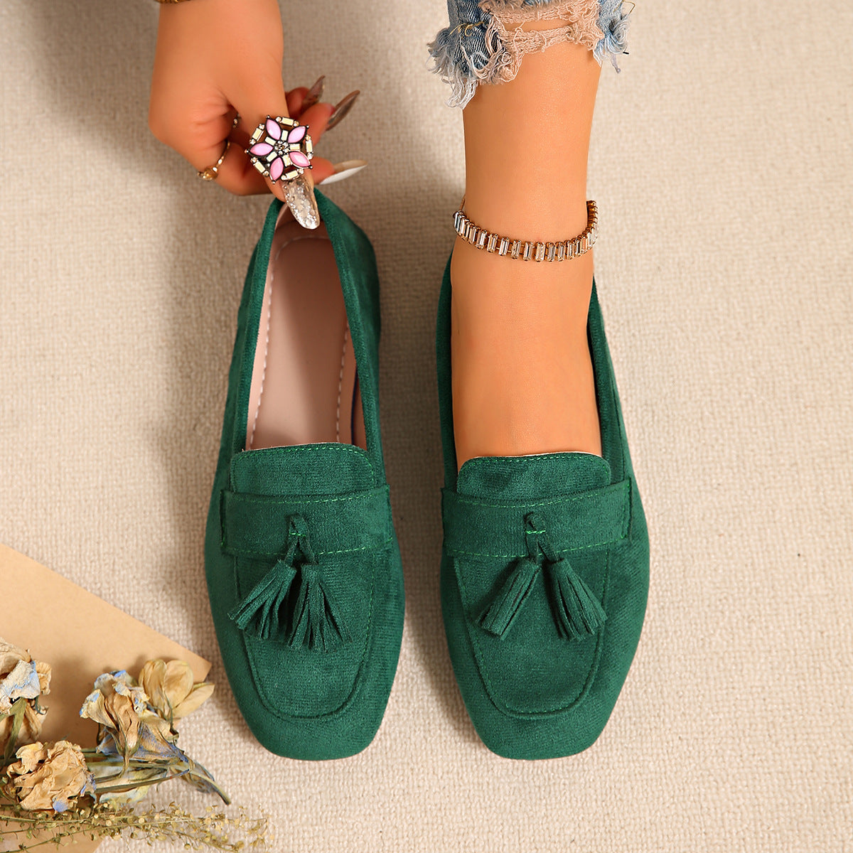 Women's Square Toe Tassel Slip-On Loafers | Suede Flat Casual Shoes