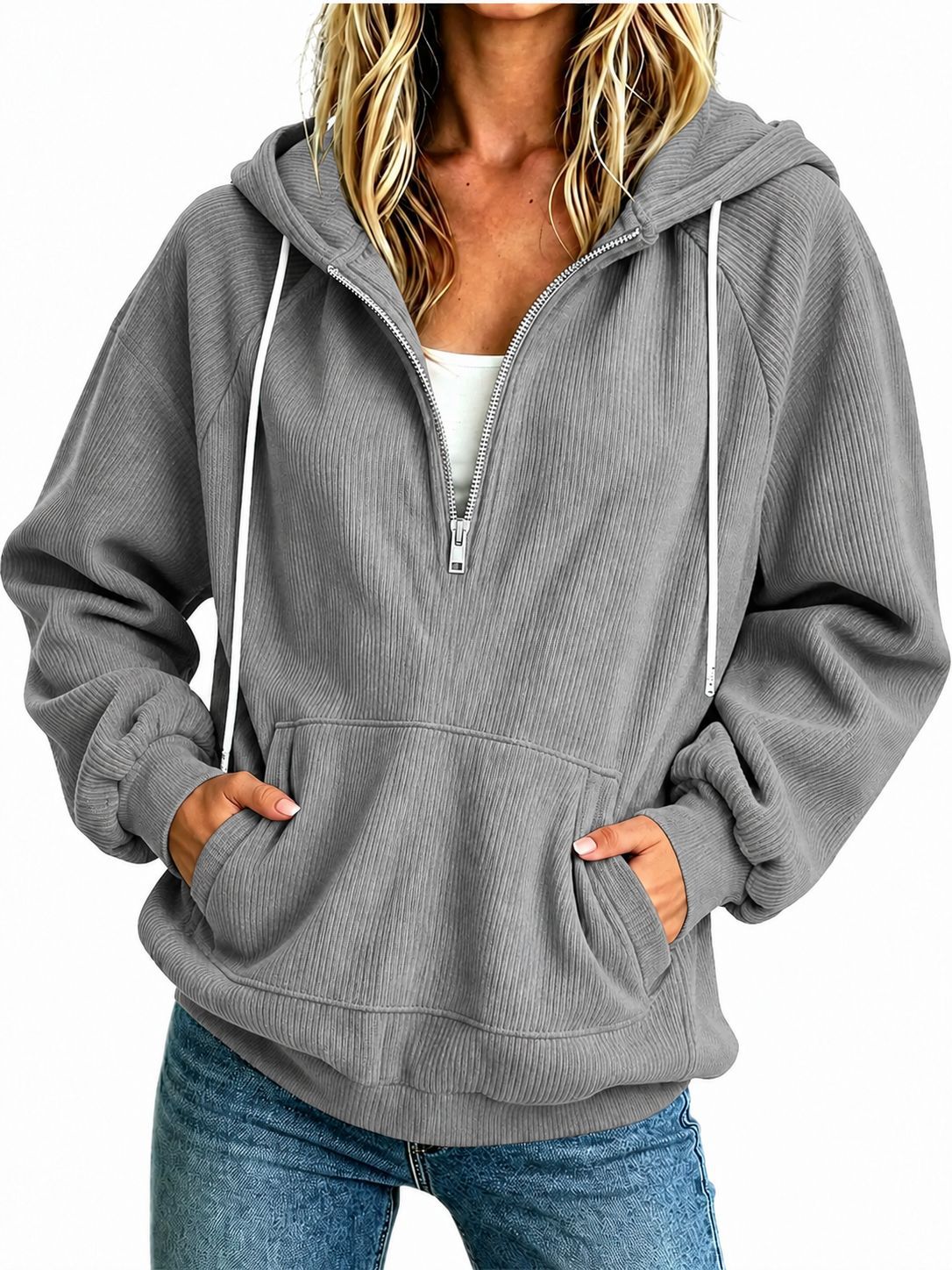 2026 Autumn New European And American Women's Half Zipper Hoodie Loose Long Sleeve Drawstring Casual Top