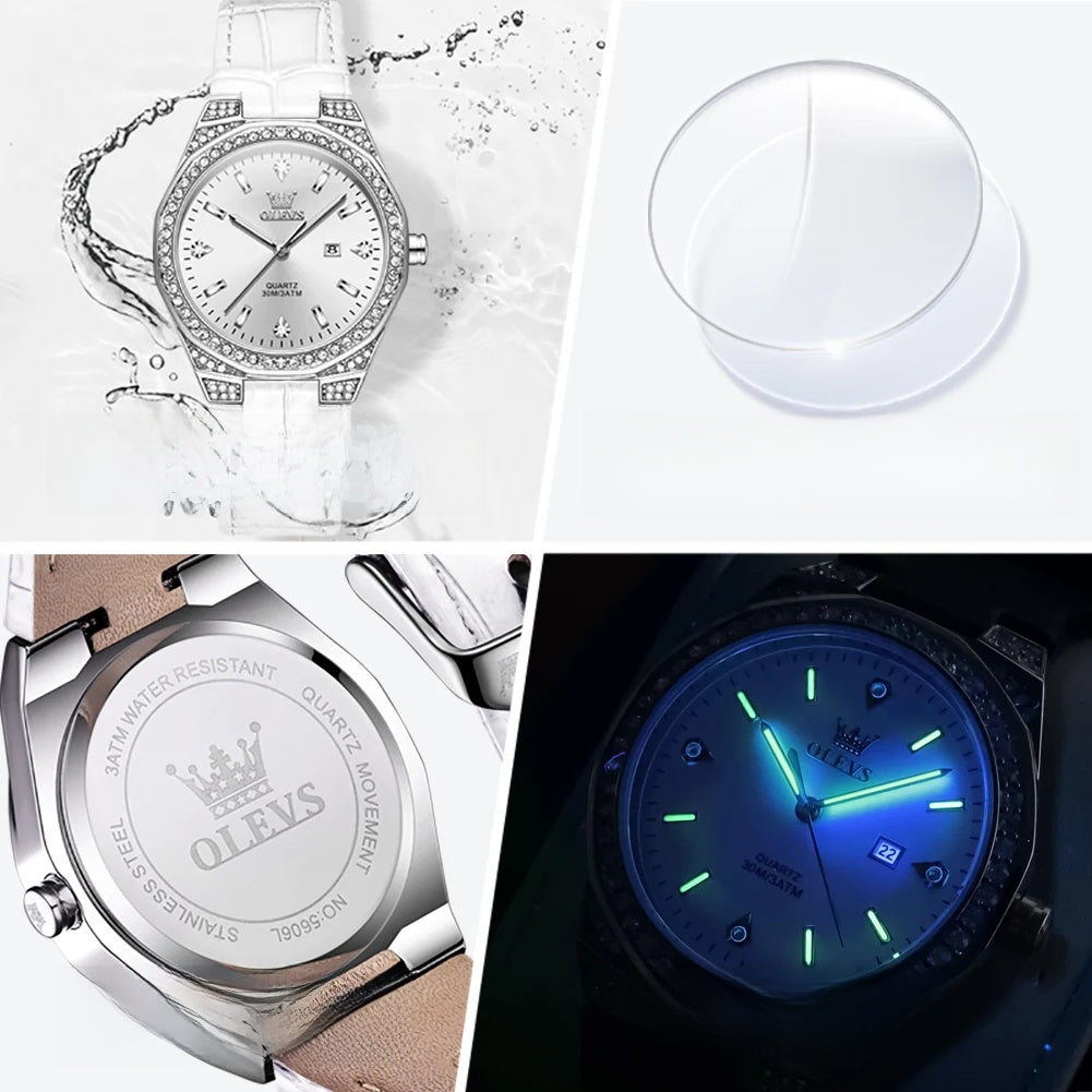 Montre de luxe femme en cuir rose doré avec lunette en cristal