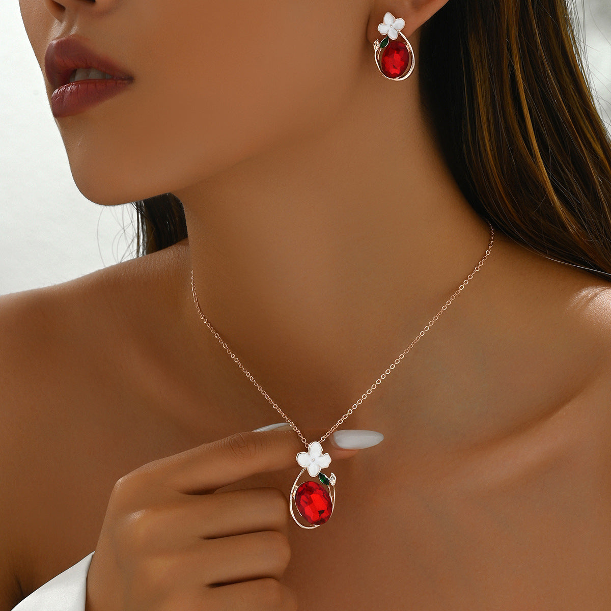 Sweet Dainty Pastoral Korean Women Jewelry Set, Unique Floral Design Inlaid Cubic Zirconia, Matching Earrings & Clavicle Chain