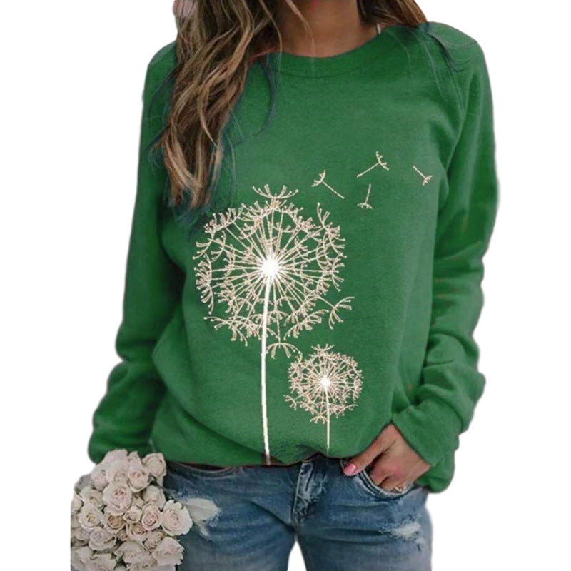 Womens Dandelion-Print Crew-Neck Long-Sleeve Loose Casual Sweatshirt