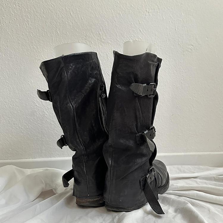 Womens Retro Leather-buckle Pleated Mid-calf Boots