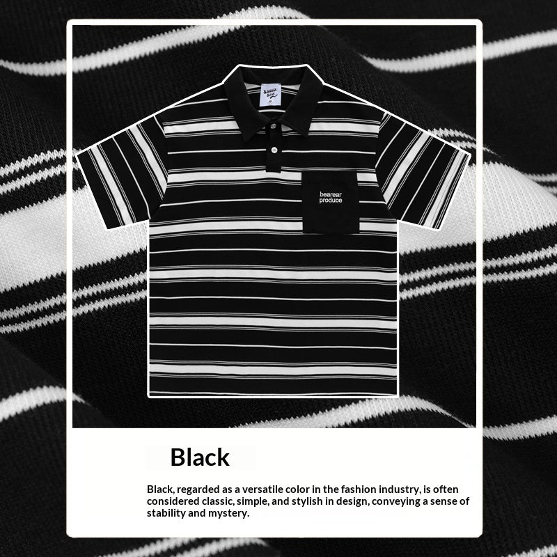 Loose-fitting Polo Shirt With A Lapel Collar Short-sleeved Striped T-shirt