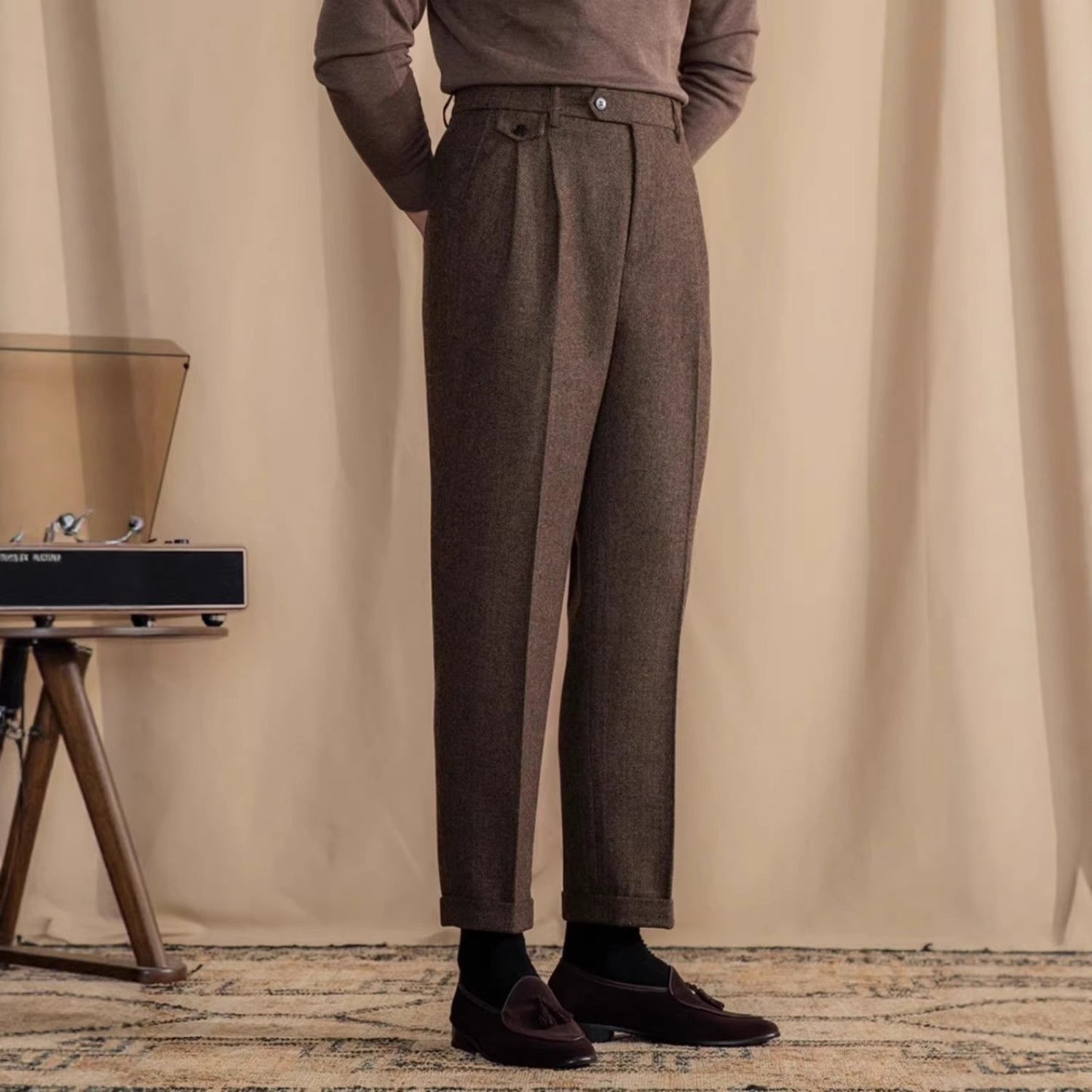 Mens Italian Herringbone Cropped Trousers