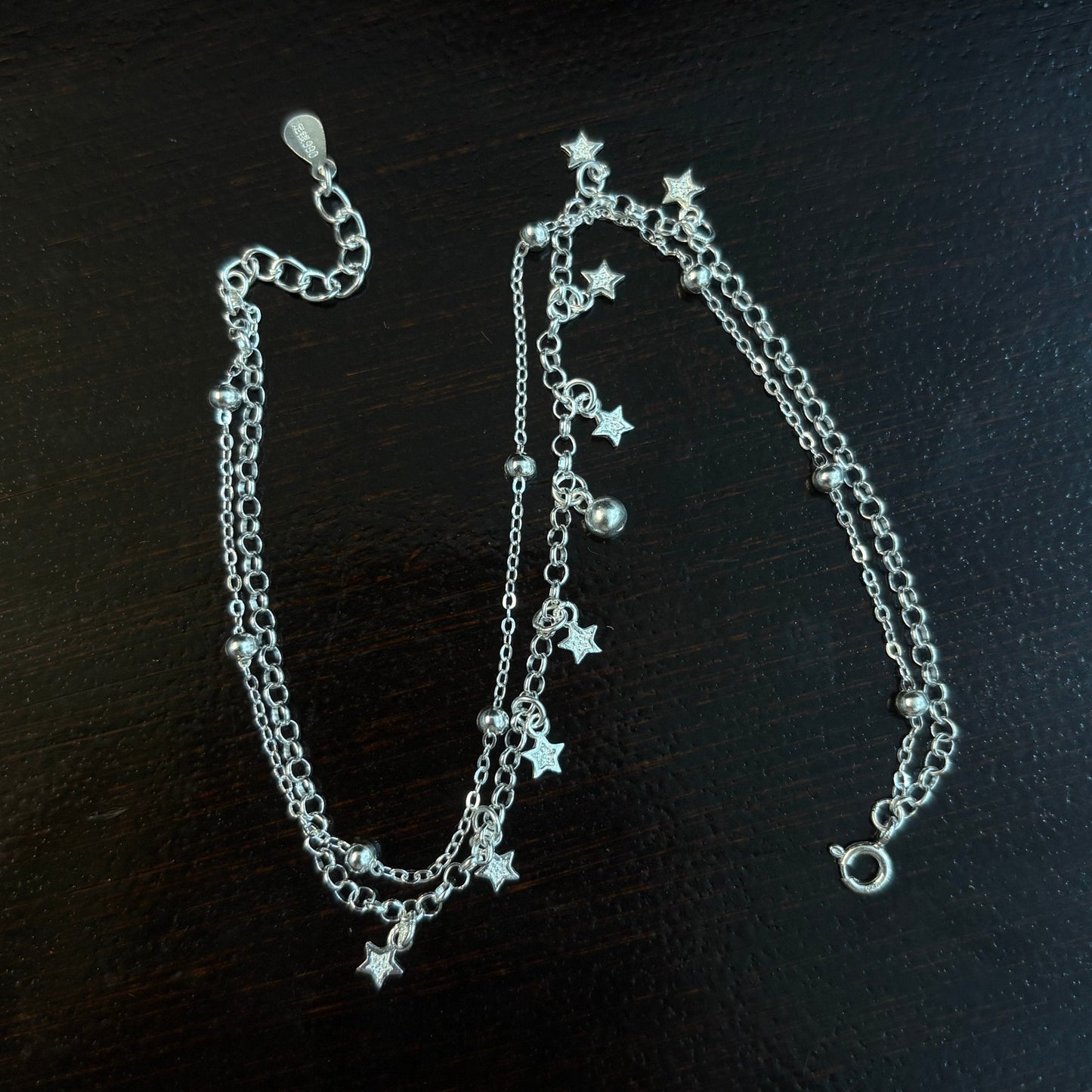 1pc 999 Sterling Silver Double-Layer Star & Bead Anklet, Delicate Luxurious Style, Perfect For Daily Wear & Valentine's Gifts