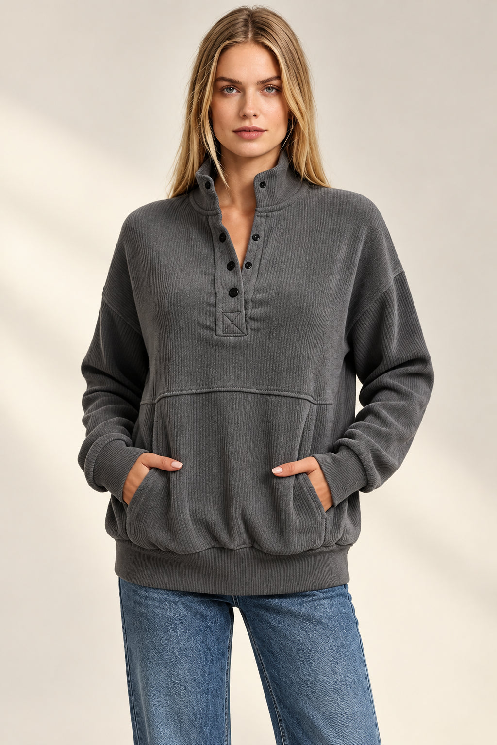 Women's Textured Button-Neck Sweatshirt with Front Pocket