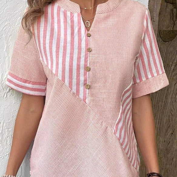 Womens Plus-Size Asymmetrical Striped Patchwork Cotton-Linen Top