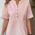 Womens Plus-Size Asymmetrical Striped Patchwork Cotton-Linen Top