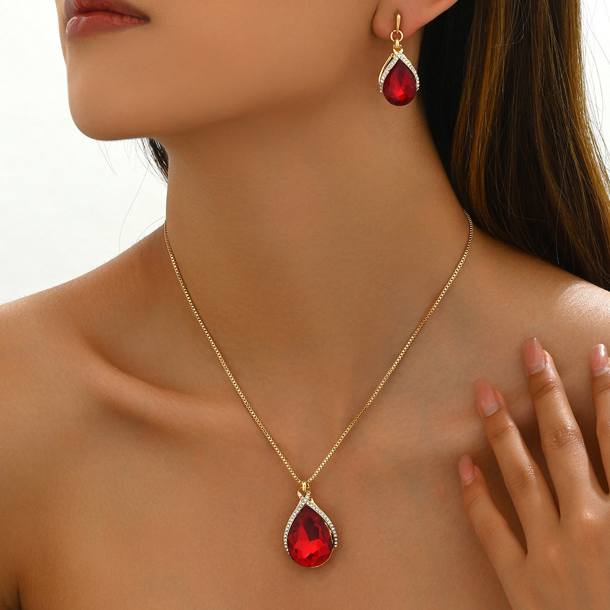 Ins Sweet Japanese Korean Women Jewelry Set, Niche Water Drop Dangle Earrings & Clavicle Chain, Geometric Design Inlaid Clear Synthetic Crystals