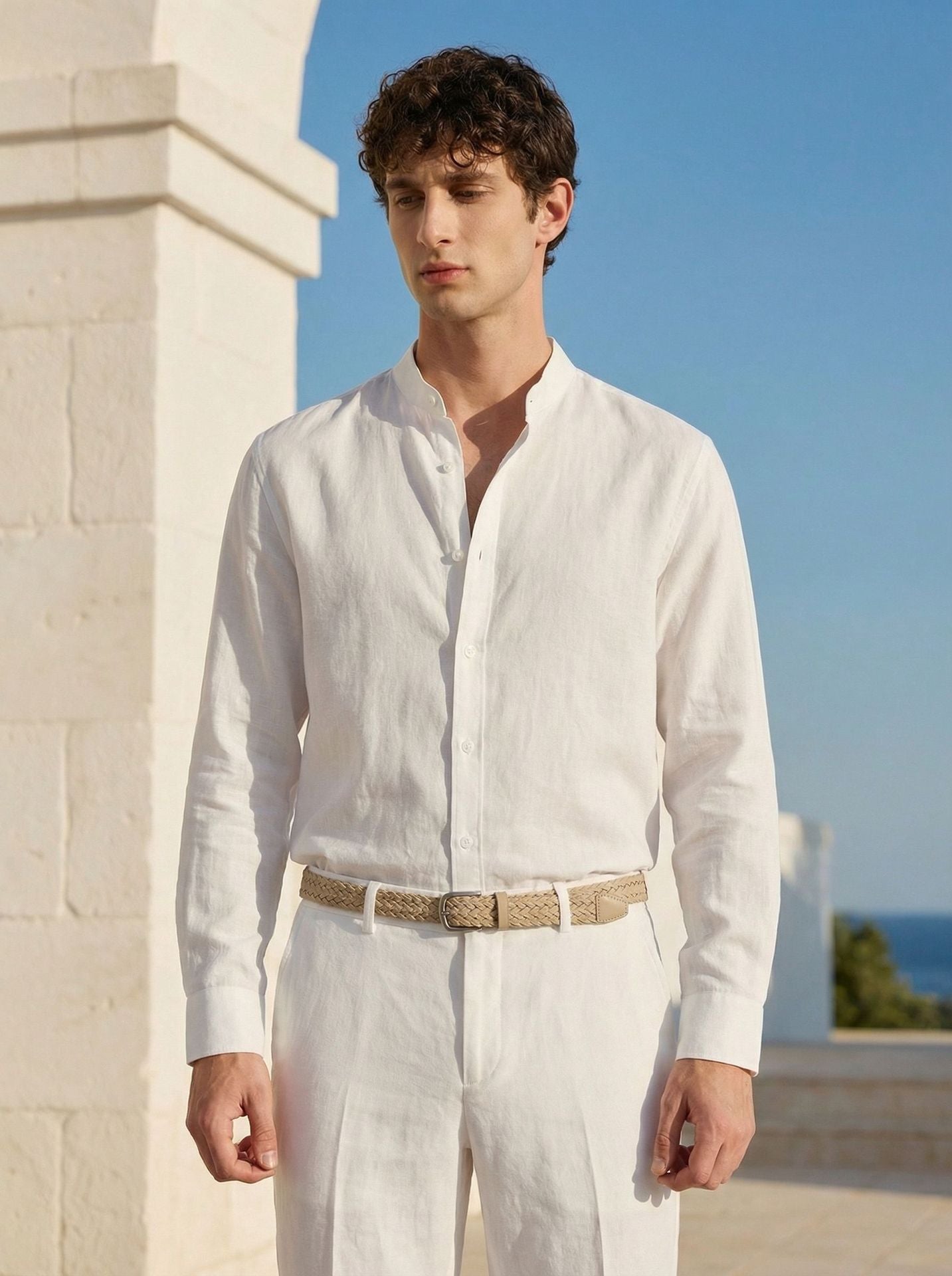 Italian Neapolitan Luxury Pure Natural Linen Mens Long Sleeve Shirt