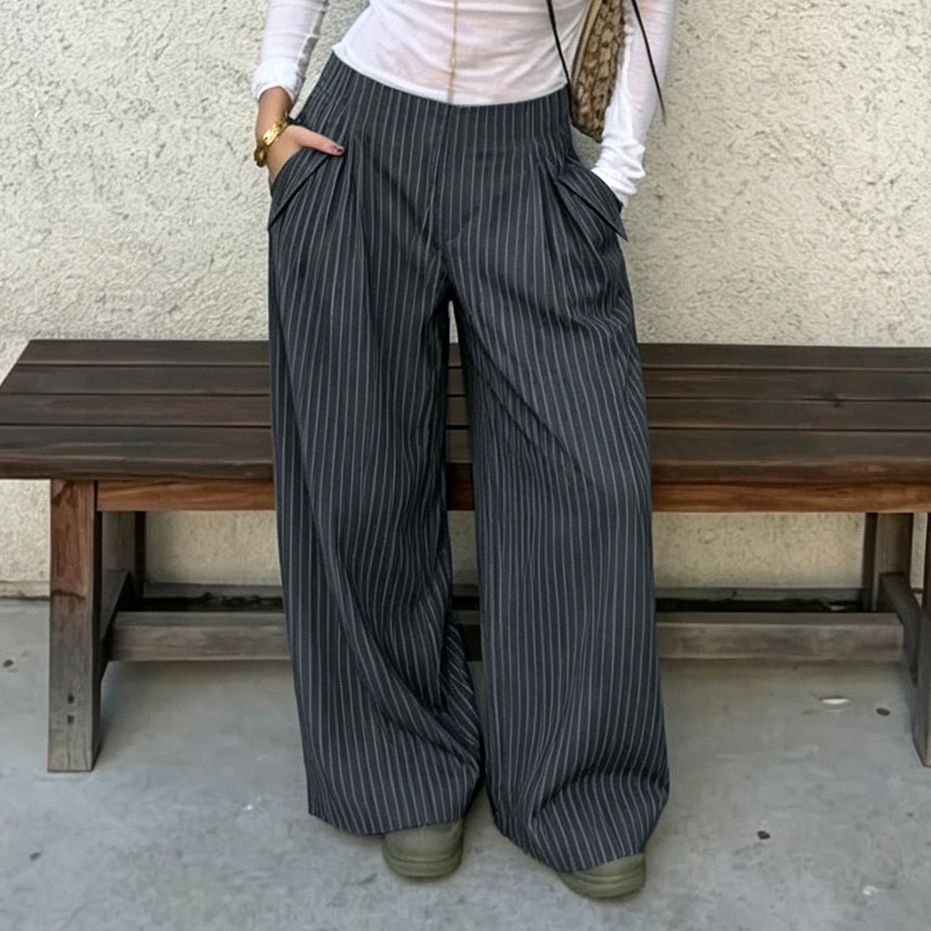Women's Dark Gray Pinstripe Wide-Leg Pants