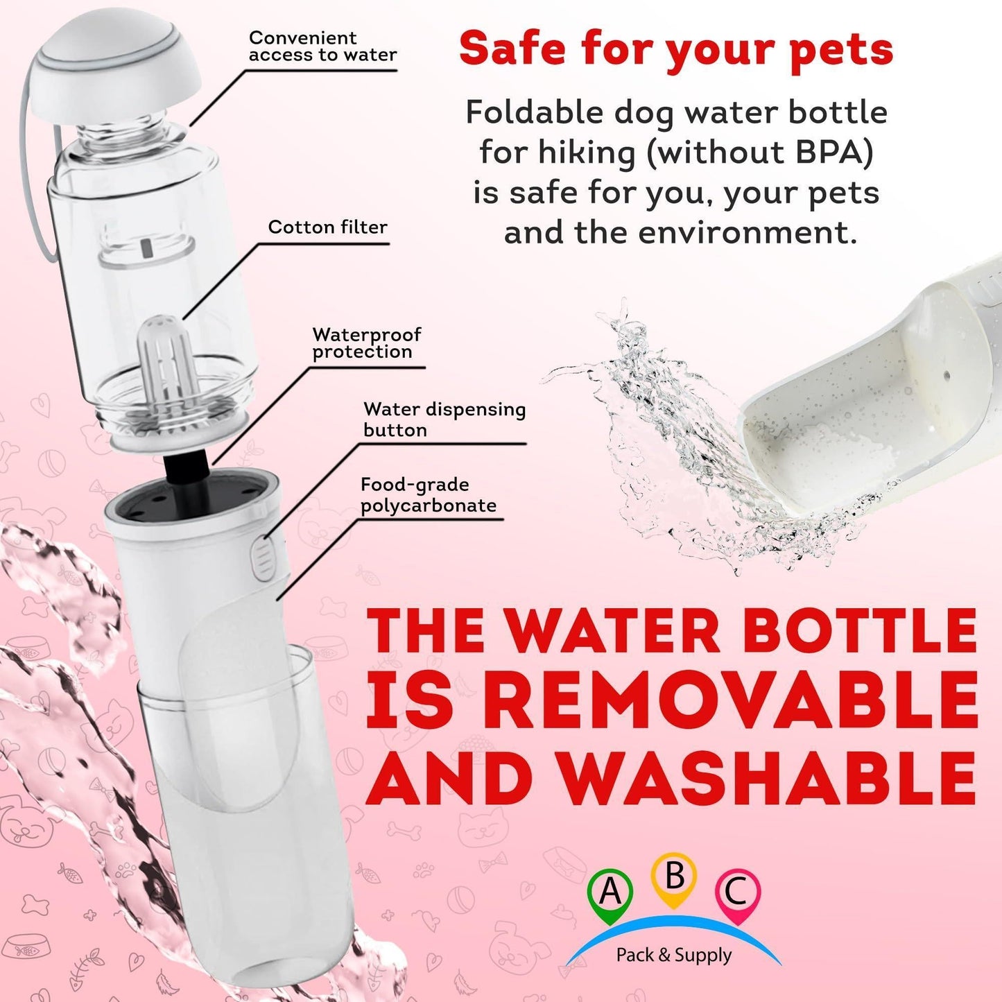 Portable Dog Water Bottle Dispenser 12 oz Silicone Strap & Filter