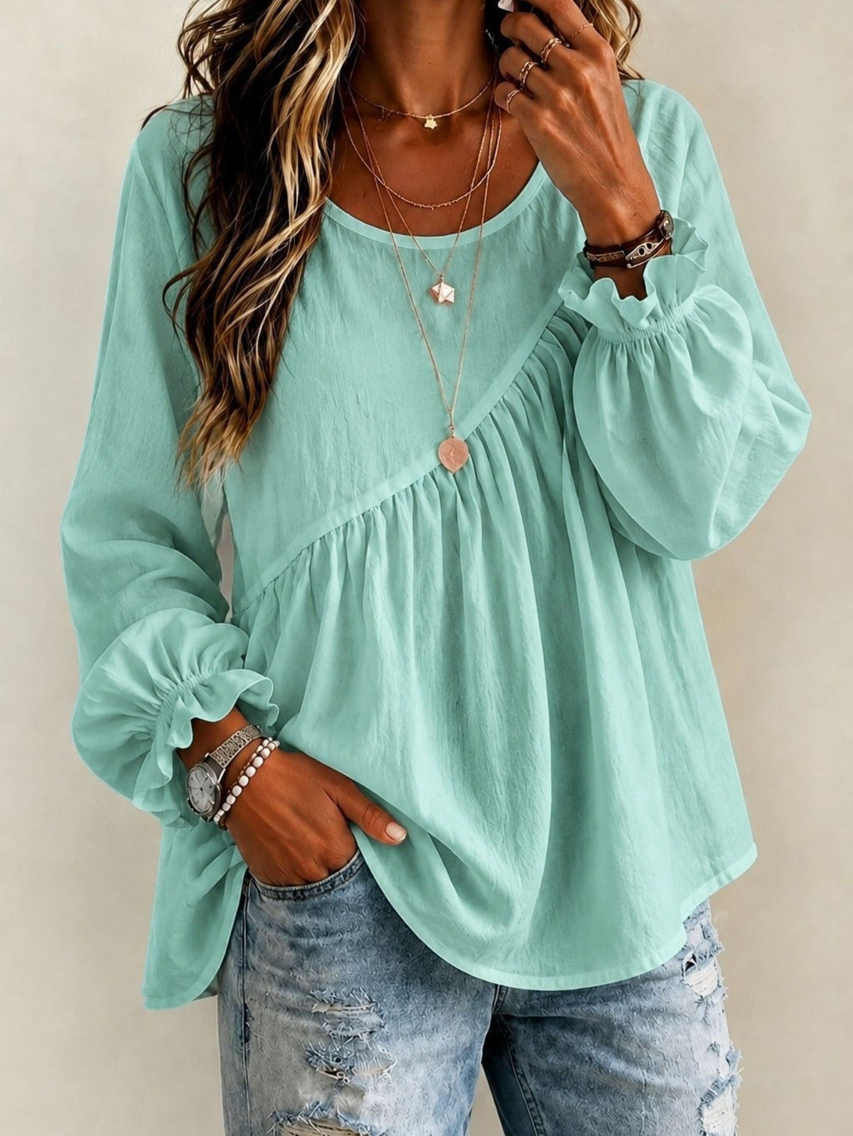2026 New Cross-Border European And American Style Women's Solid Color Round Neck Long Sleeve Ruched Shirt Top, Casual Versatile Loose Fit
