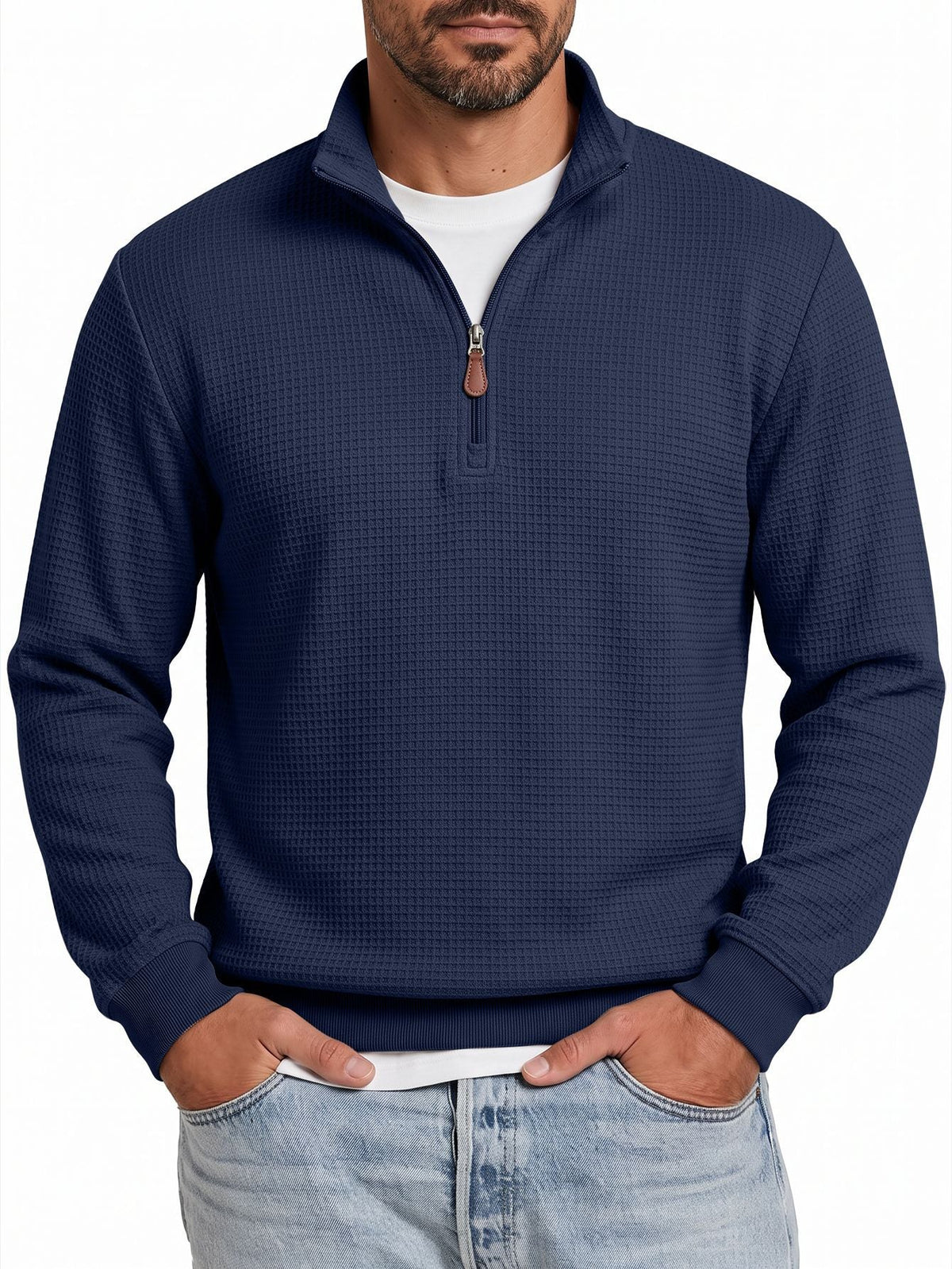 Mens Knitted Casual Hoodie With A Half-zip And Stand-up Collar Long Sleeves
