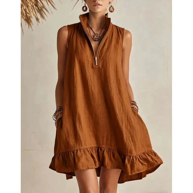 Women's Casual Loose Half-Zip Sleeveless Dress with Ruffle Hem