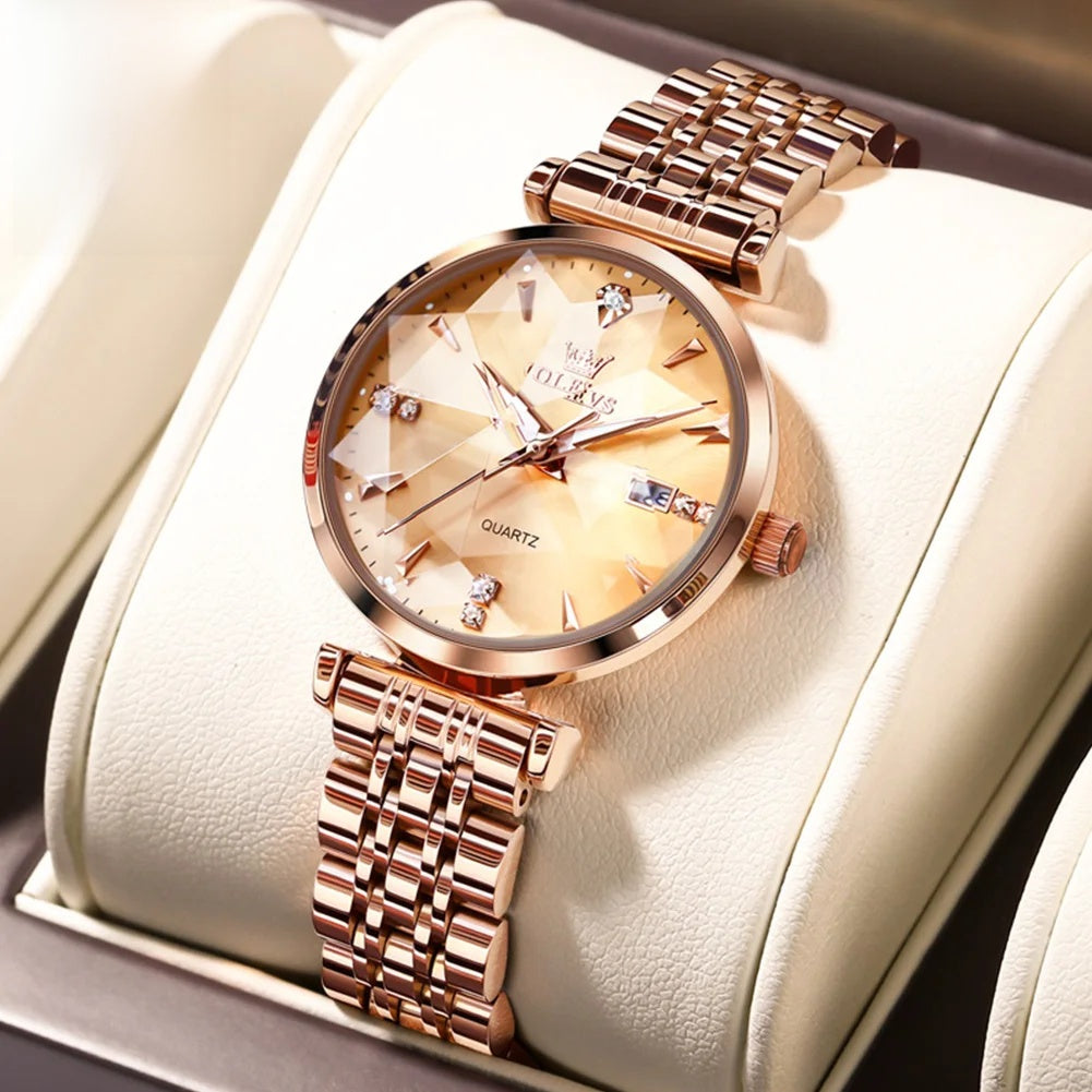 Damen-Edelstahl-Uhr Roségold Blaues Zifferblatt Zirkon