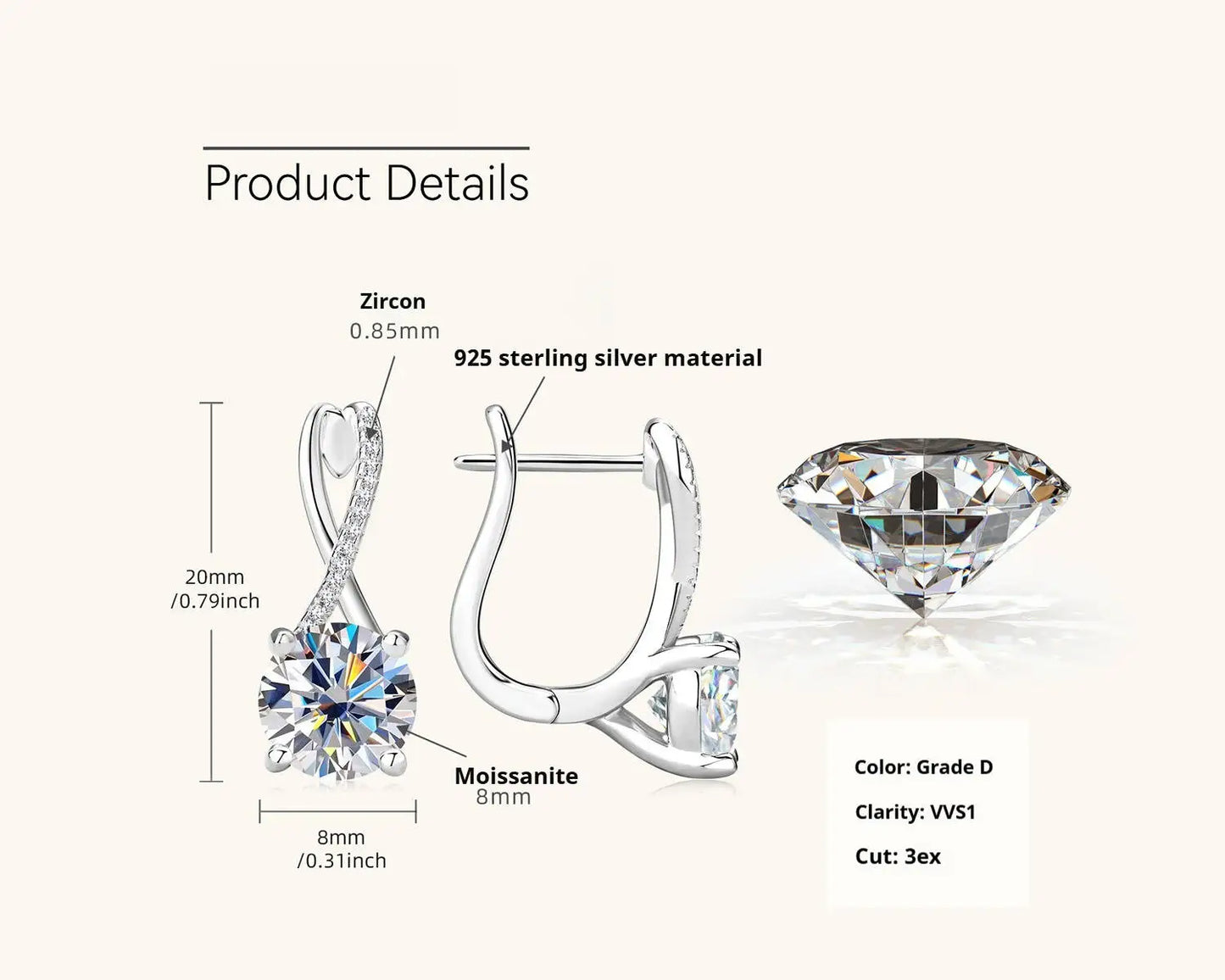 Boucles d'oreilles clips moissanite 2 carats, argent sterling 925, clous entrelacés, cadeau