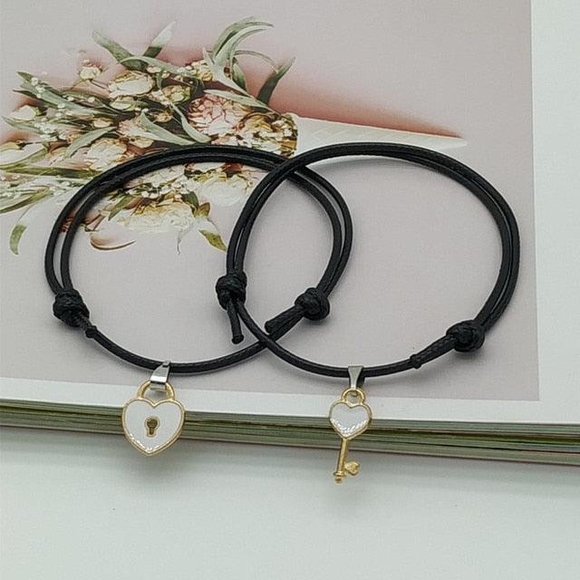 2 pcs Set Couple Trendy Bracelet For Friend Lock Key Design Black Color Rope Couple Bracelets For Women Men Attraction Matching Bracelet Gifts For Boyfriend Girlfriend Best Friend Eternal Love Charms Adjustable Jewelry