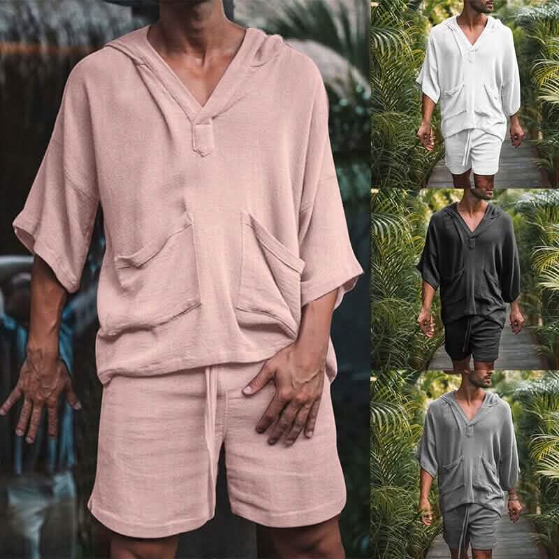 Ensemble 2 pièces : survêtement de tennis pour homme avec short et t-shirt, couleur unie, col en V