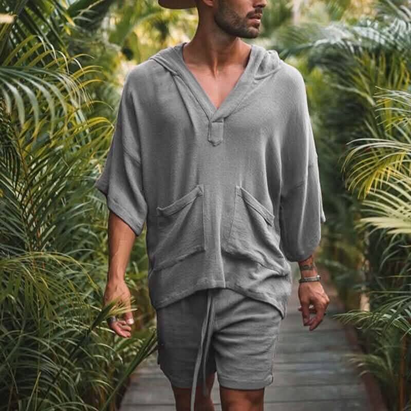 Ensemble 2 pièces : survêtement de tennis pour homme avec short et t-shirt, couleur unie, col en V