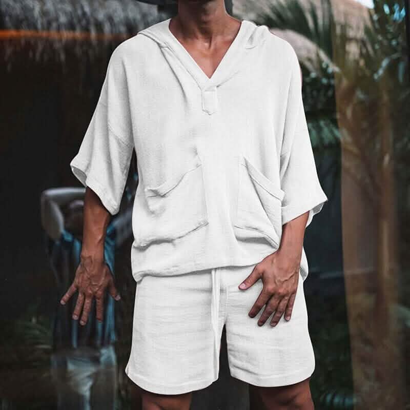 Ensemble 2 pièces : survêtement de tennis pour homme avec short et t-shirt, couleur unie, col en V
