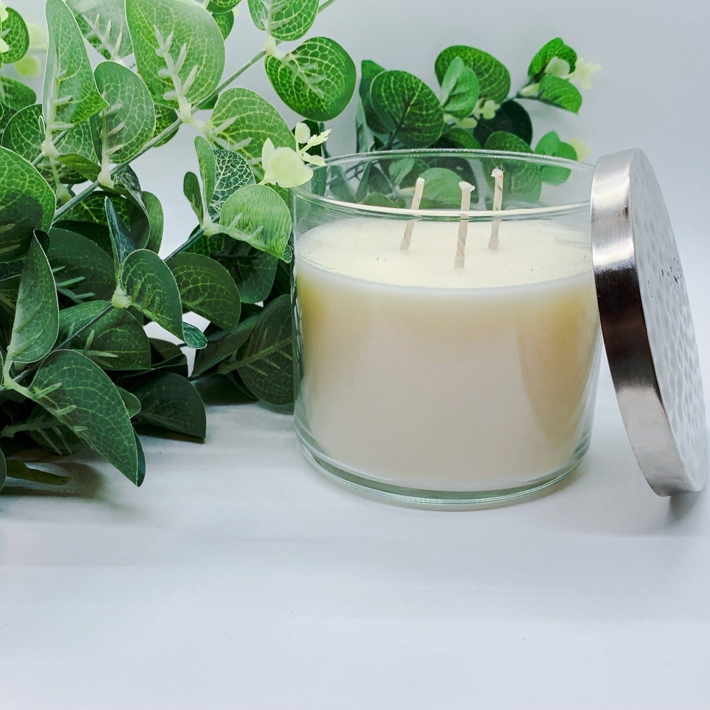 3-Wick Soy Candle 14.5oz Clear Glass Jar Silver Hammered Lid Hand-Poured USA
