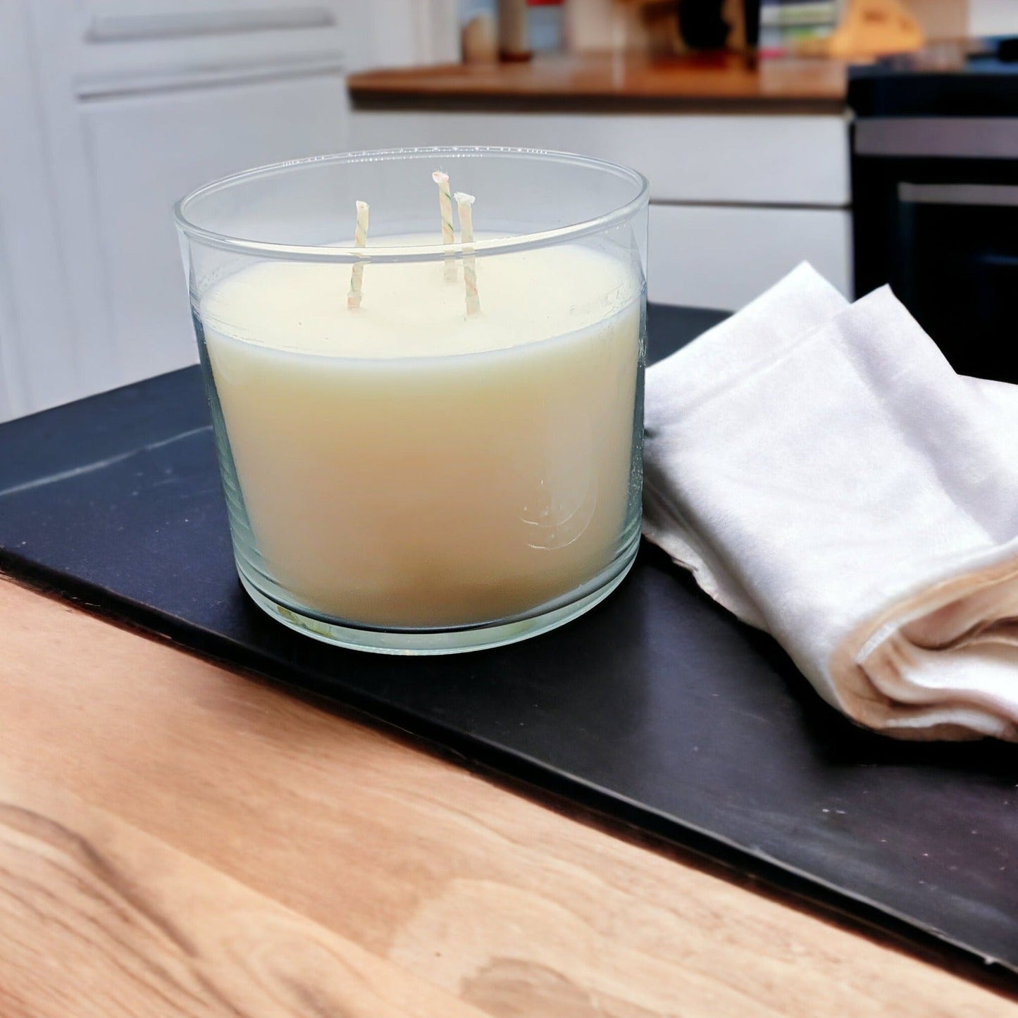 3-Wick Soy Candle 14.5oz Clear Glass Jar Silver Hammered Lid Hand-Poured USA