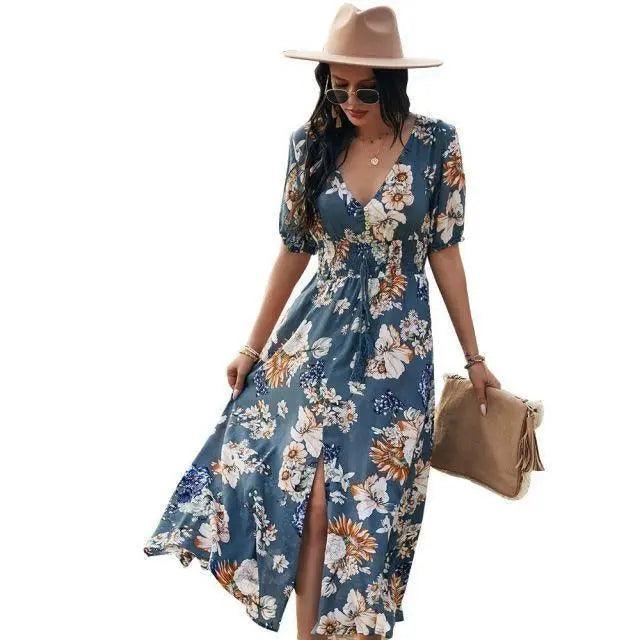Fashion Casual Loose Party Short Sleeve Maxi Split Dress -  Summer Dresses for Women