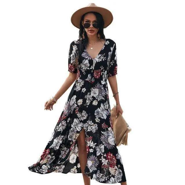 Fashion Casual Loose Party Short Sleeve Maxi Split Dress -  Summer Dresses for Women
