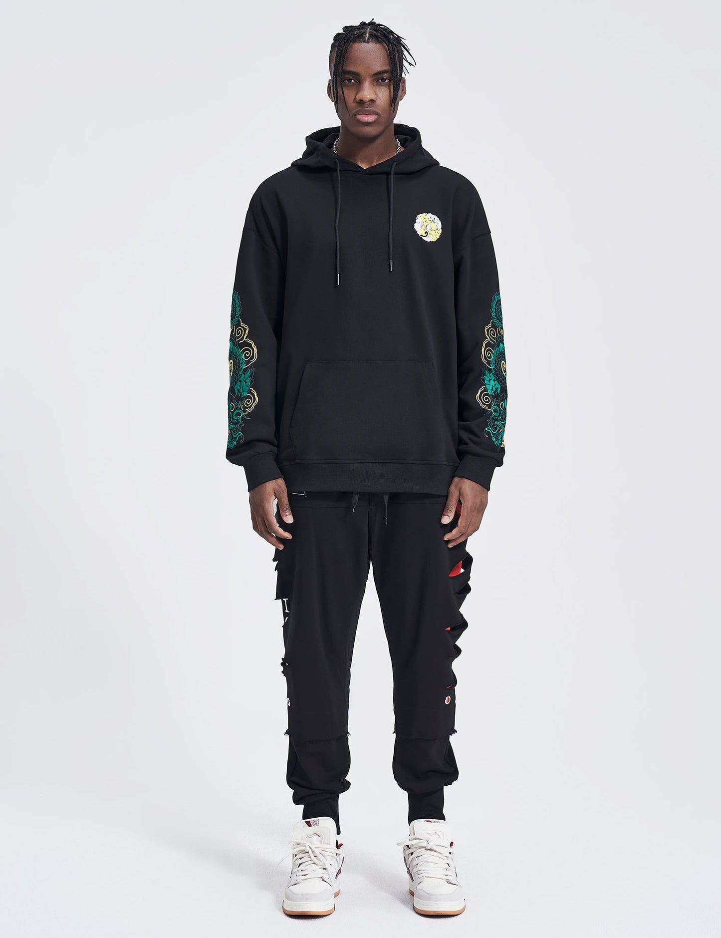 WSY340 Sweat à capuche brodé Dragon émeraude