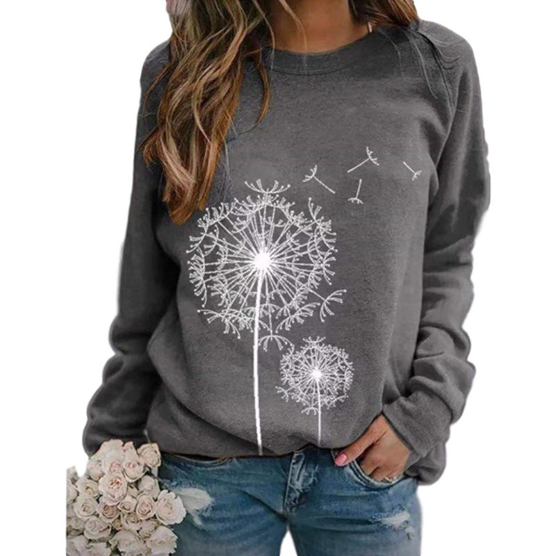Womens Dandelion-Print Crew-Neck Long-Sleeve Loose Casual Sweatshirt