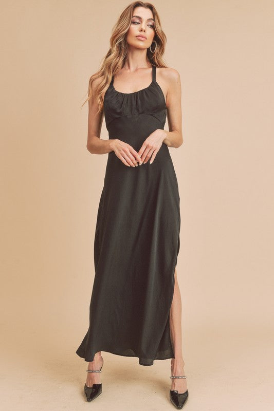 Ruched Side Slit Cutout Back Maxi Cami Dress For Women – Elegant, Romantic & Alluring with Flattering Fit and Glamorous Details