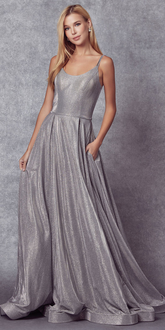 Juliet 206 Long A-Line Glitter Gown Side Pockets