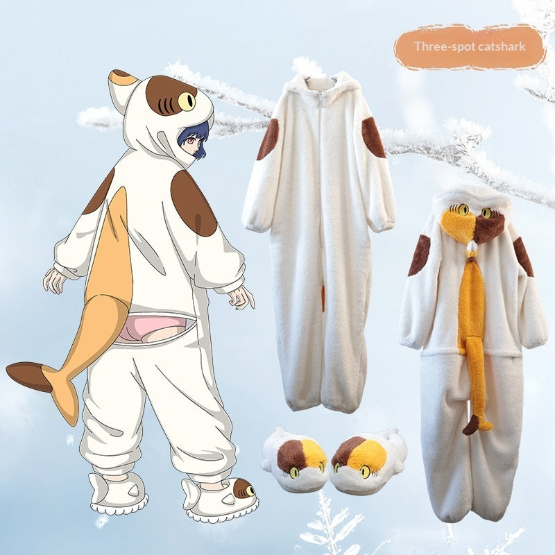 Anime Cartoon Funny Shark And Cat Onesie Pajamas Cute Cozy Loungewear Set