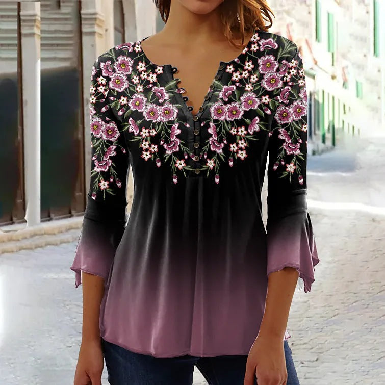 Women’s V-Neck 3/4 Sleeve Button-Front Tunic Blouse