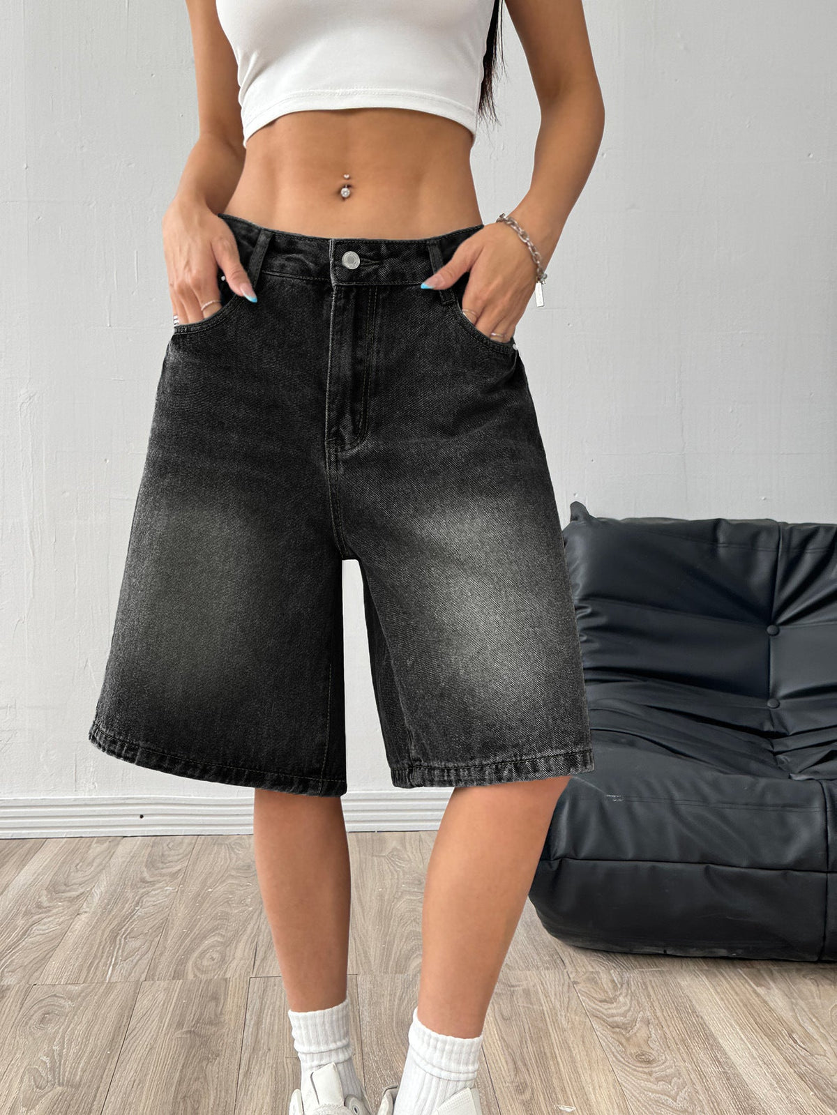 Womens Loose-Fit Casual Wide-Leg Denim Shorts