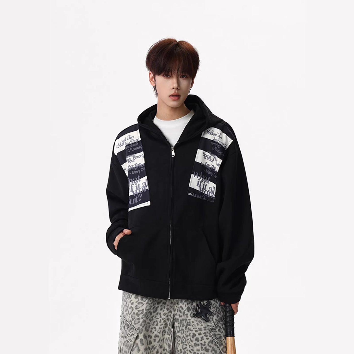Letter-print Sporty Cardigan Hoodie For Men