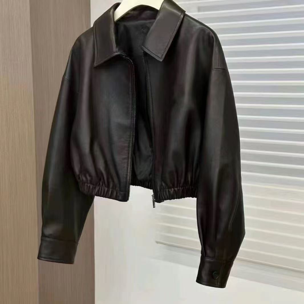 Black Soft Leather Spring And Autumn Coat Woman Square-neck Zip Leather Jacket