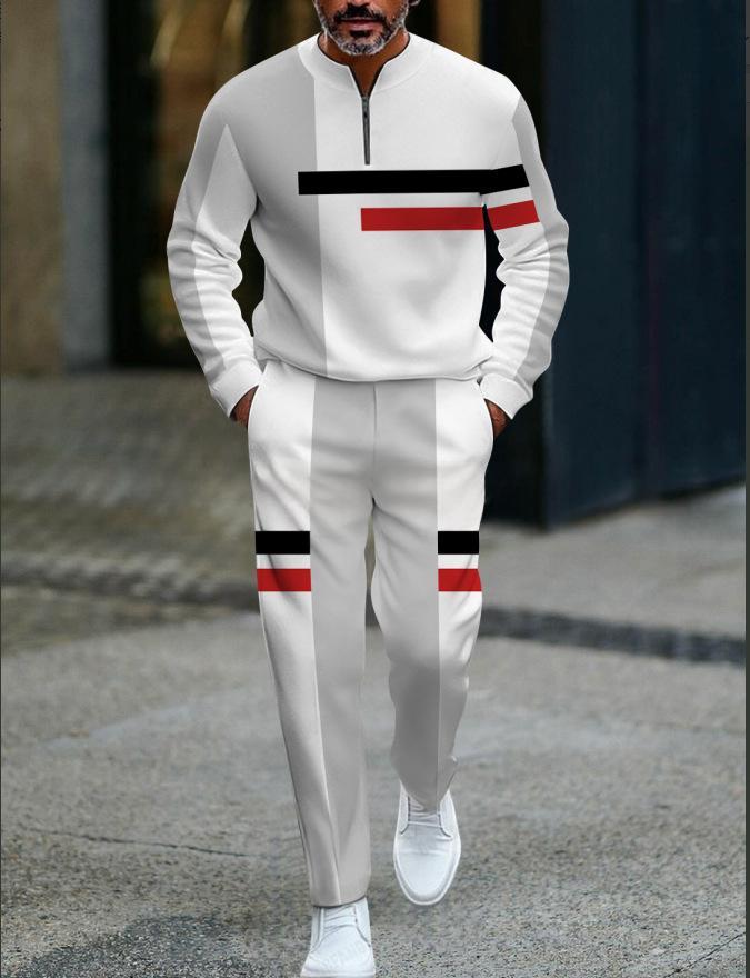 Mens Casual Fashion Long-Sleeve Top And Pants Set With A Half-Open Placket And Zipper