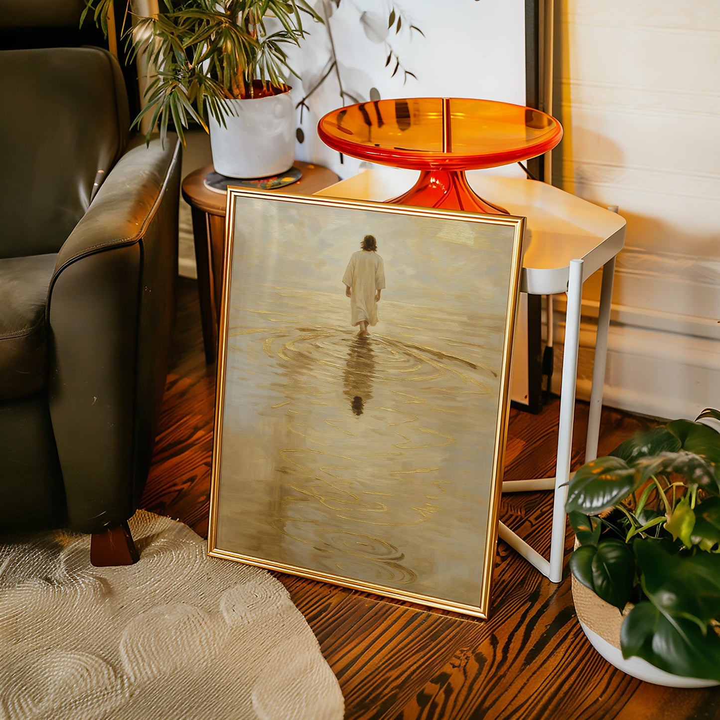 Goldenes Licht Jesus geht auf dem Wasser