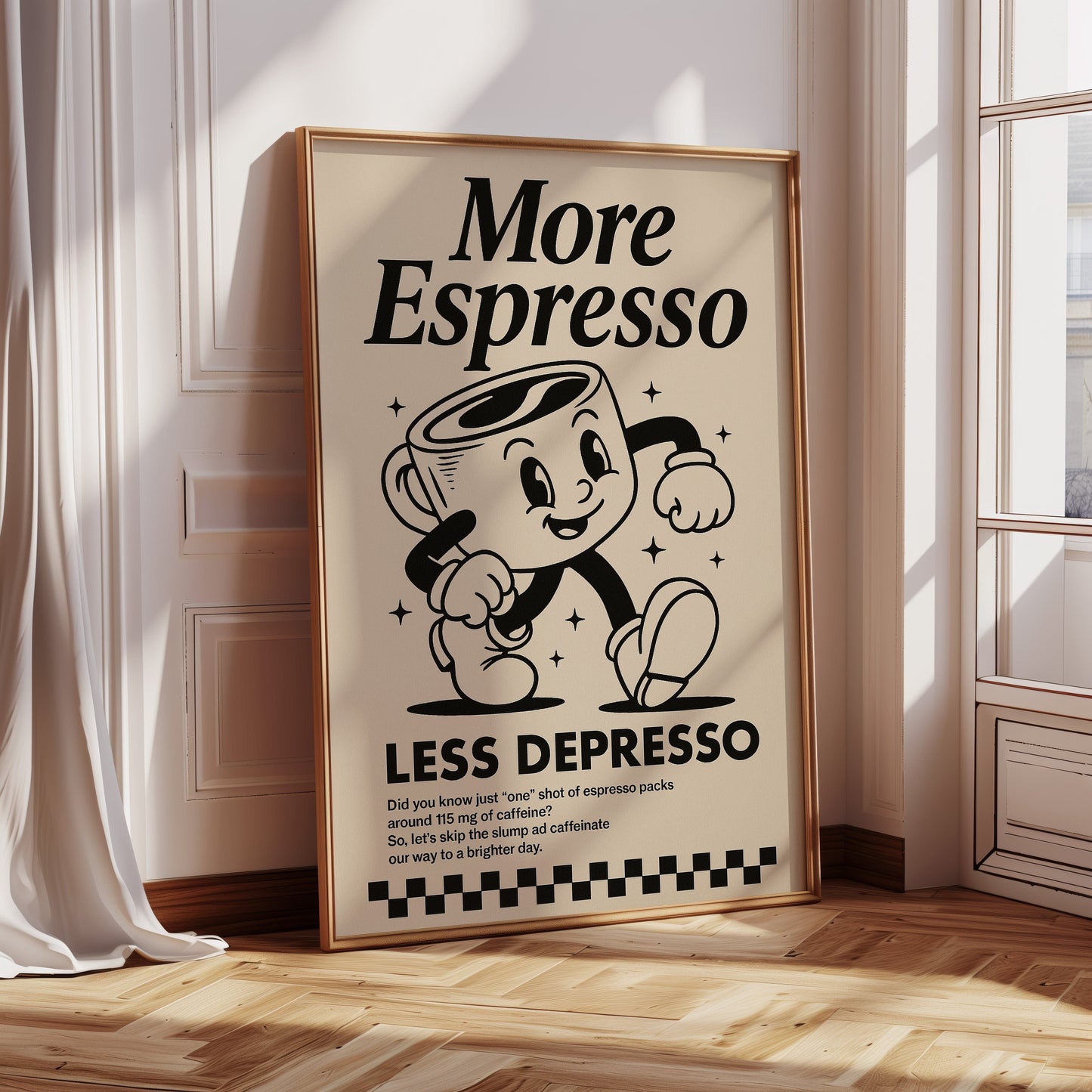 More Espresso, Less Depresso – Vintage Kaffee Poster Kunstdruck