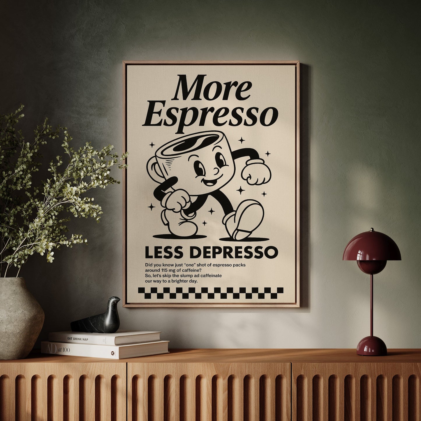 More Espresso, Less Depresso – Vintage Kaffee Poster Kunstdruck