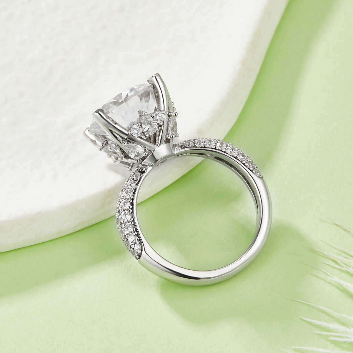 S925 Sterling Silver 5ct Moissanite Engagement Ring, 11mm D-VVS1 Round Cut, 4-Prong Pave Band, Platinum Plated US Sizes 5-9, GRA Certificate Gift Box