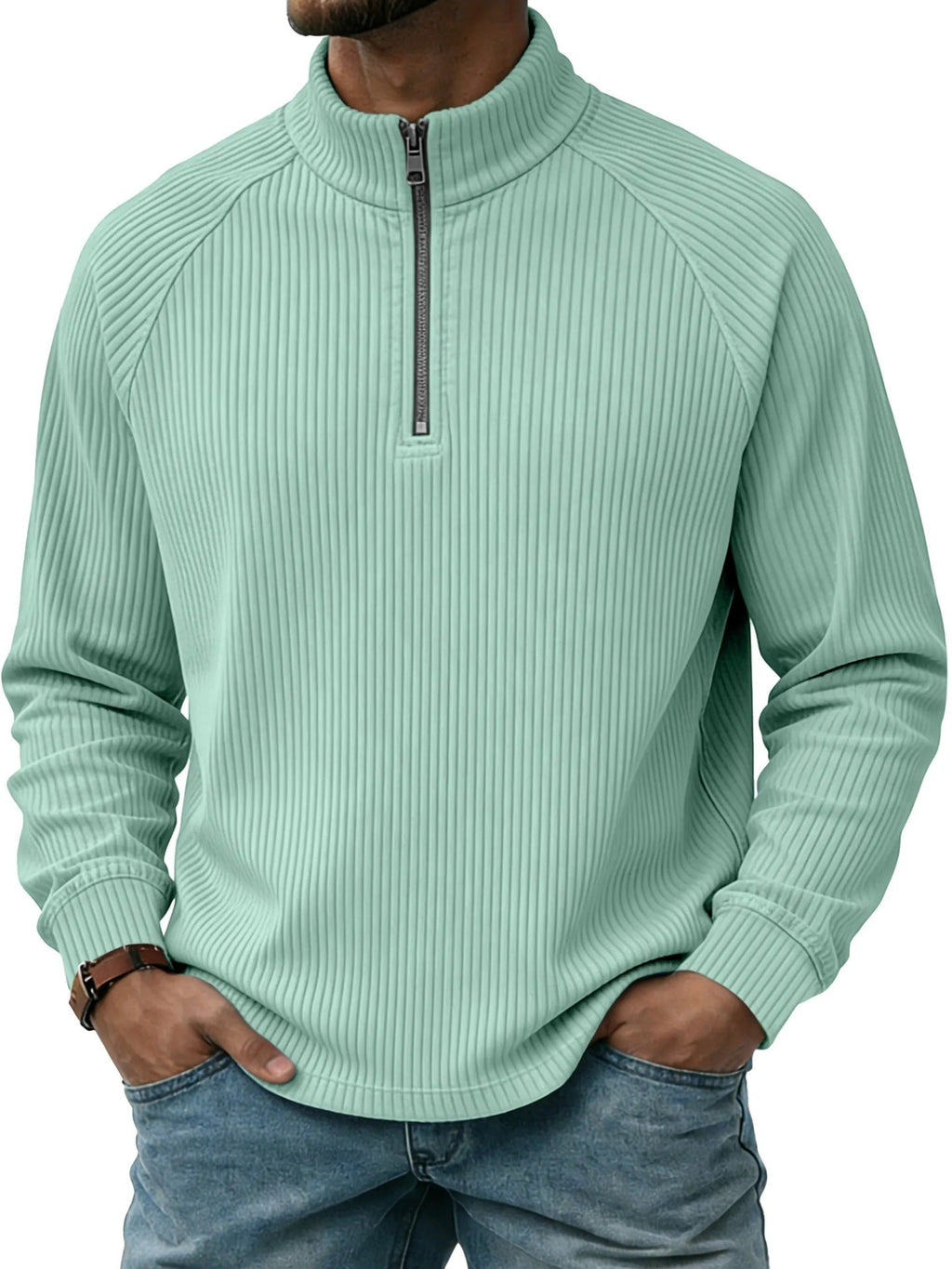 Mens Vertical-Striped Zip-Up Stand-Collar Long-Sleeve Polo Shirt