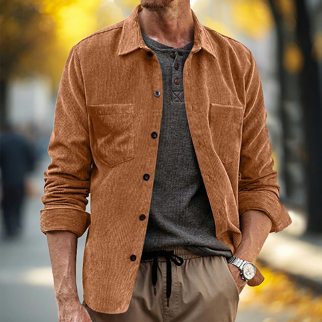 Mens Corduroy Long-Sleeve Casual Pocket Lapel Shirt Jacket