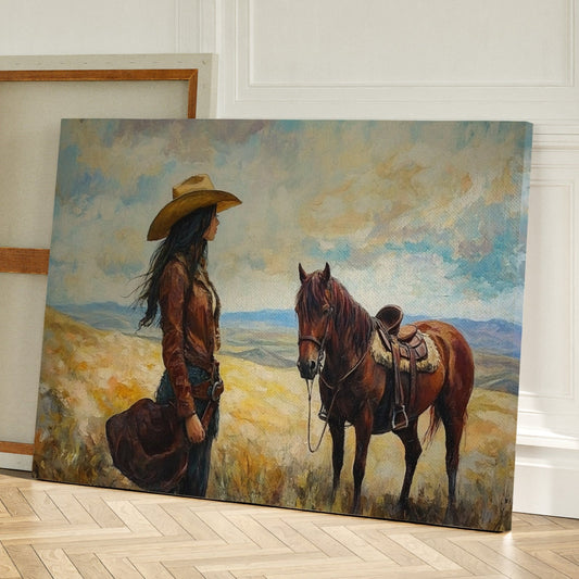 Une cow-girl et son mustang dans la nature sauvage