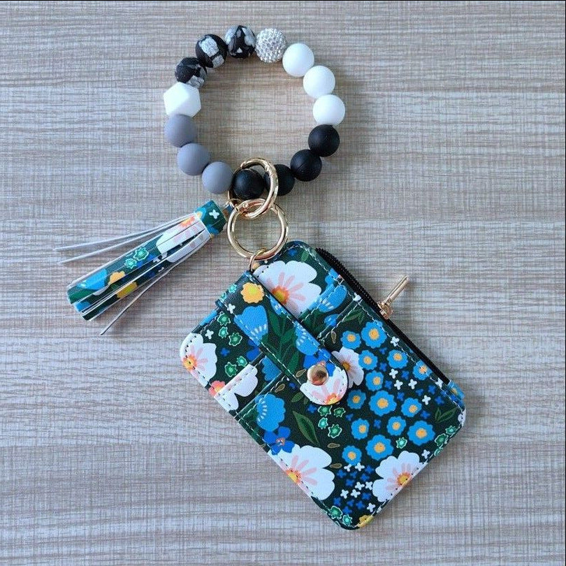 Womens Silicone Bead Bracelet Keychain Cardholder