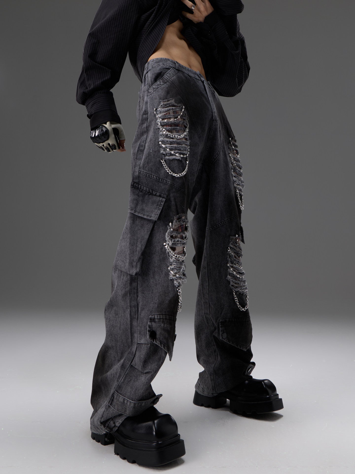 Retro Distressed Denim Jeans With Pearl And Metal Hardware Work Pants